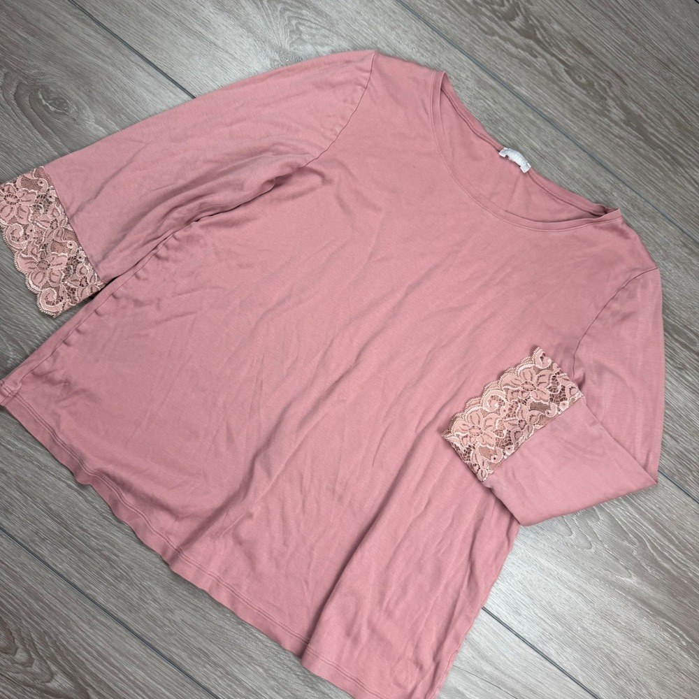 Hanro Womens Top Lace Cuff 3/4 Sleeve Scoop Neck Pink M